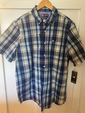 Chaps Navy and Yellow Plaid Short-Sleeve Classic Fit Button-Down Shirt